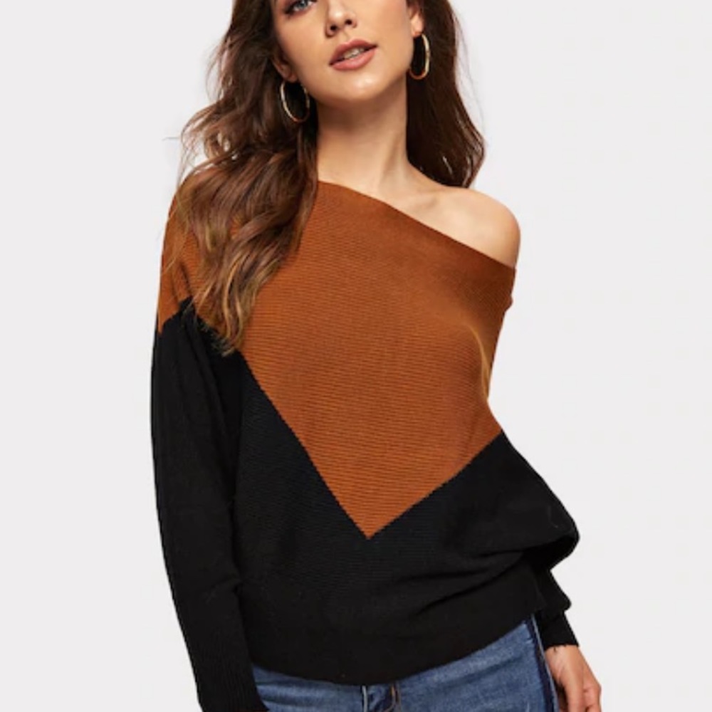 Two-tone Batwing Sleeve Sweater